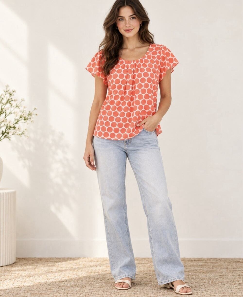 Boden US 10 UK 14 Silk Blend Coral Polka Dot Blouse Retro Mod Top